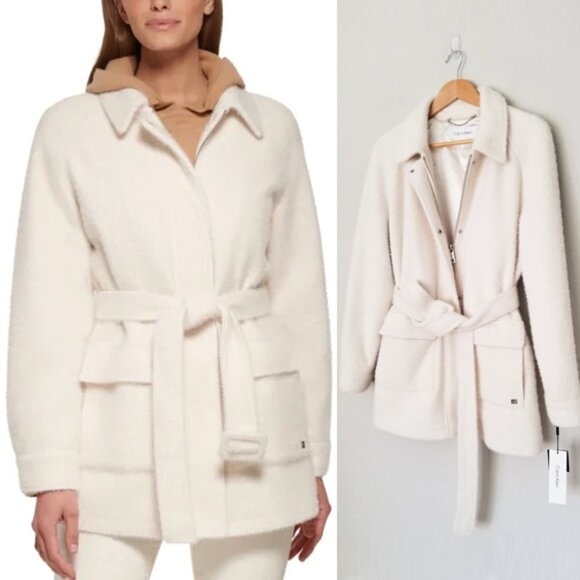 NEW Calvin Klein Women's M Belted Shirt Jacket Coat Ivory Furry Fuzzy Cozy $300 - Picture 1 of 16